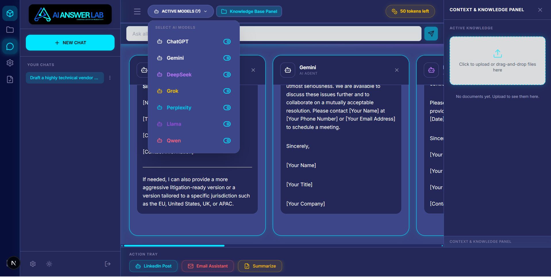 AAL Command Center — Project sidebar, comparison engine, context panel, action tray